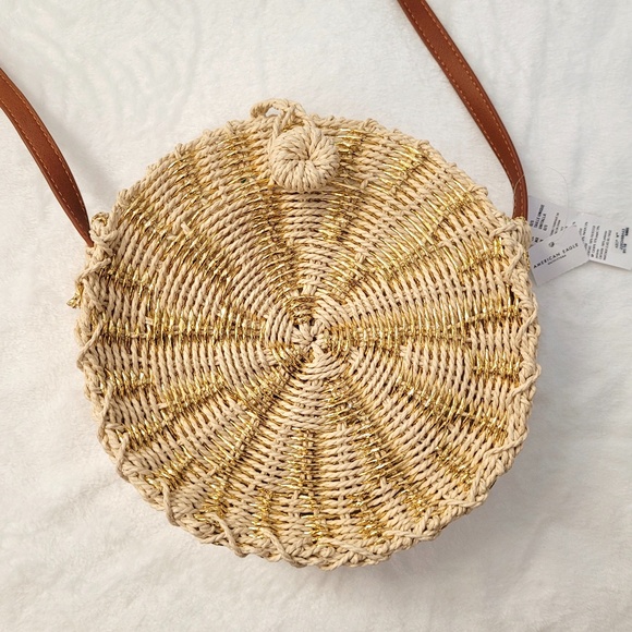 American Eagle Outfitters Handbags - AMERICAN EAGLE Gold Wicker Straw Round Crossbody Purse NWT